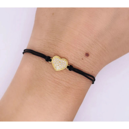 Gold-plated bracelet, black string, HEART, zircons SBZ27 | GoldJewellery