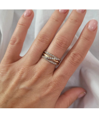 Wide 14k Gold Ring with White Zirconia Stripes