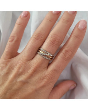 Wide 14k Gold Ring with White Zirconia Stripes