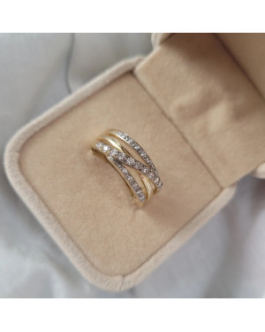 Wide 14k Gold Ring with White Zirconia Stripes