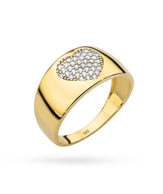 Szeroki złoty pierścionek 14k serce kamienie
