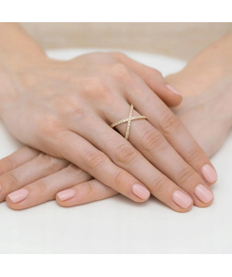 14k Gold X-Shaped Ring With Cubic Zirconia