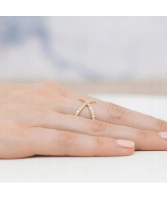 14k Gold X-Shaped Ring With Cubic Zirconia