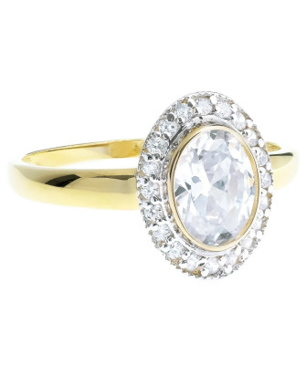 14k Gold Ring with Large Oval Zirconia – Double Halo Design