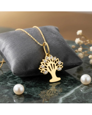 8k Gold Tree of Happiness Pendant with White Zircons | Elegant Symbolic Jewellery