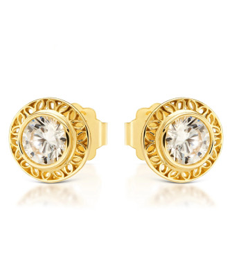 Lacy gold earrings with a white stone
