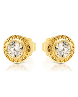 Lacy gold earrings with a white stone