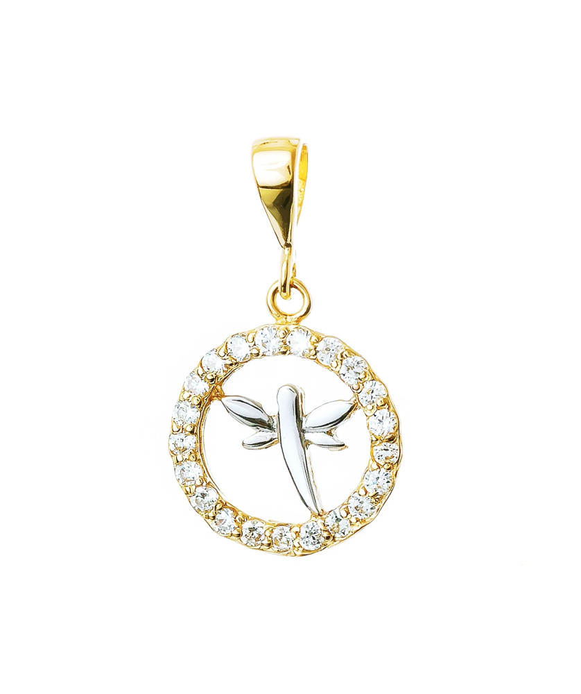 Round gold pendant with cubic zirconia DRAGONFLY