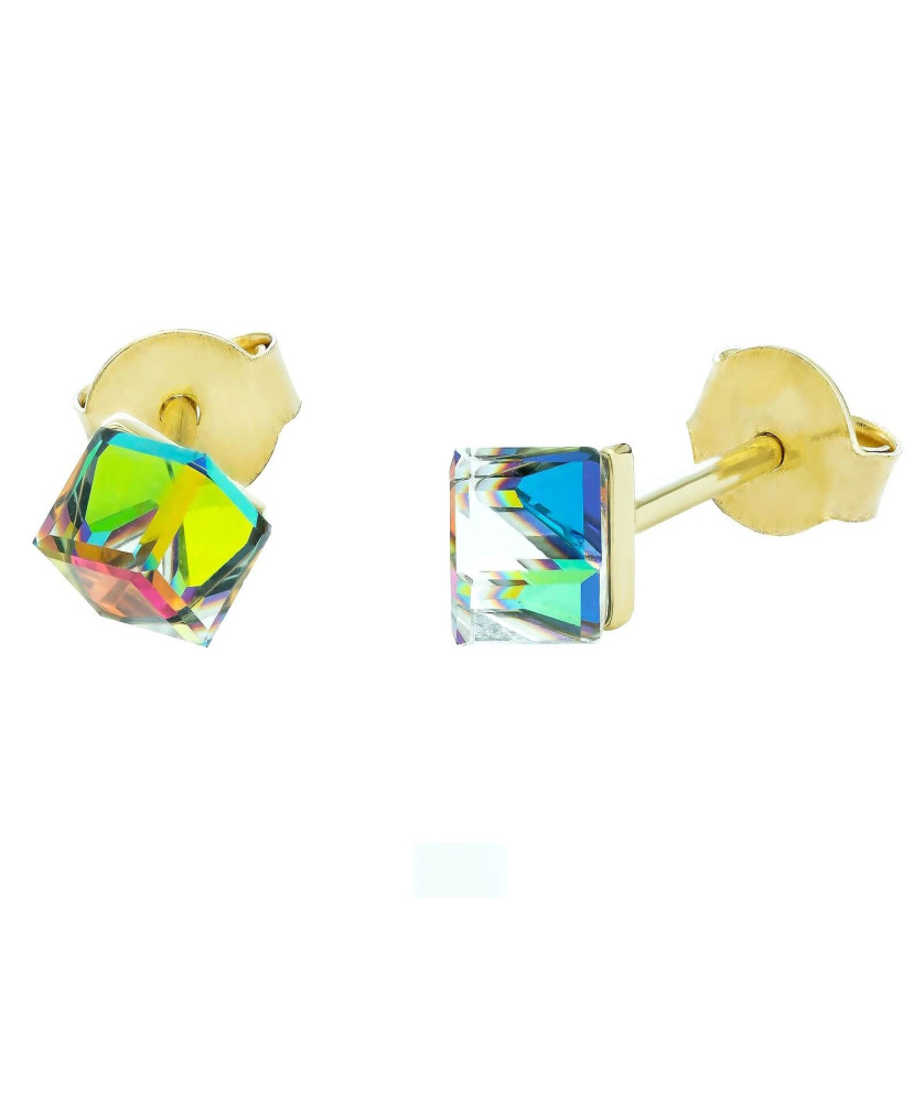 Gold earrings 3D cube shimmering colors