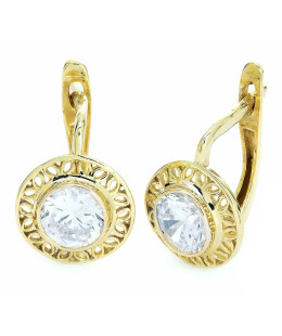 Lacy gold earrings with a white stone