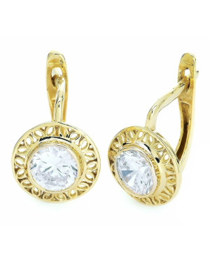 Lacy gold earrings with a white stone
