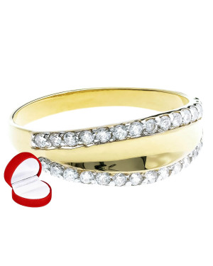 Wide gold ring like a wedding band with cubic zirconia