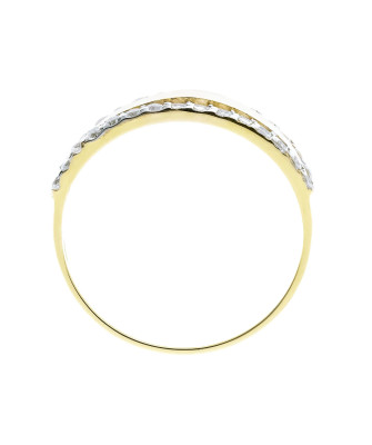 Wide gold ring like a wedding band with cubic zirconia