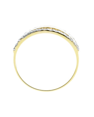 Wide gold ring like a wedding band with cubic zirconia