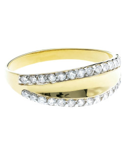 Wide gold ring like a wedding band with cubic zirconia