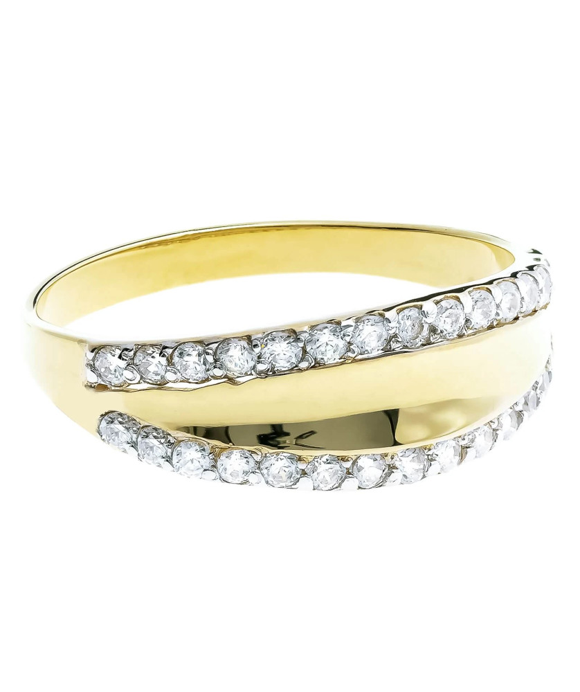 Wide gold ring like a wedding band with cubic zirconia