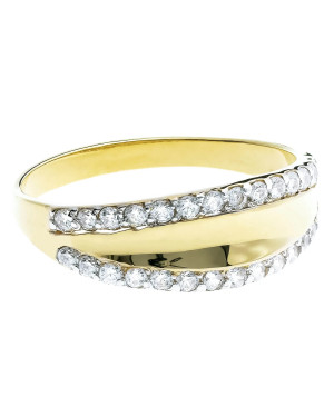 Wide gold ring like a wedding band with cubic zirconia
