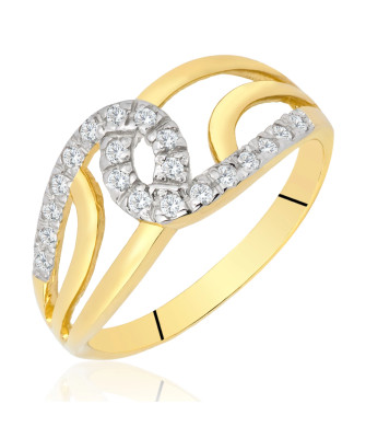 Wide gold ring interwoven with zircons