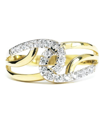 Wide gold ring interwoven with zircons