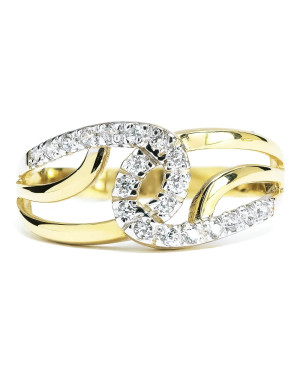 Wide gold ring interwoven with zircons