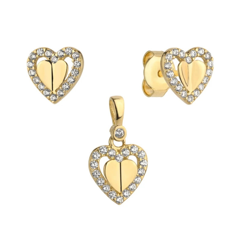 ⭐ Set of earrings + pendant with a 3D gold heart in a zircon heart ♥ GoldJewellery