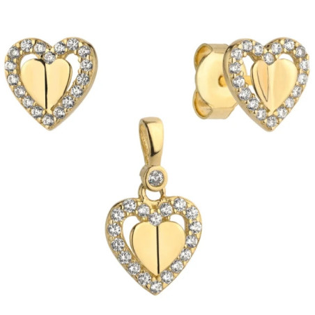 ⭐ Set of earrings + pendant with a 3D gold heart in a zircon heart ♥ GoldJewellery