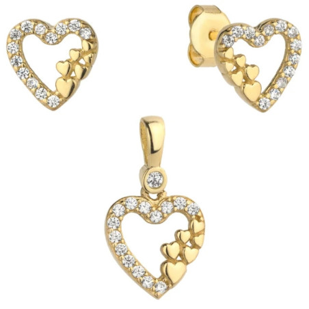 ⭐ Set of earrings + pendant, six gold hearts in a heart studded with zircons ♥ GoldJewellery