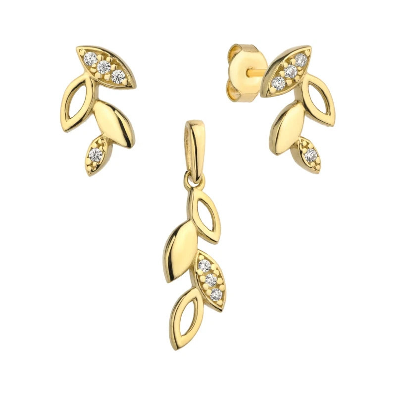 ⭐ Set of earrings + pendant gold leaves with zircons ♥ GoldJewellery