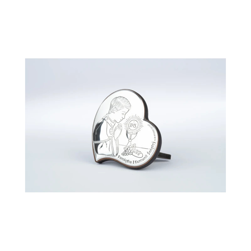 A beautiful communion souvenir for a boy. Brown wood heart