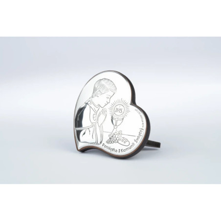 A beautiful communion souvenir for a boy. Brown wood heart
