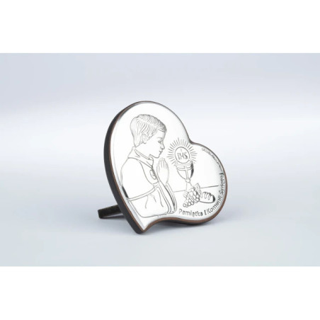 A beautiful communion souvenir for a boy. Brown wood heart