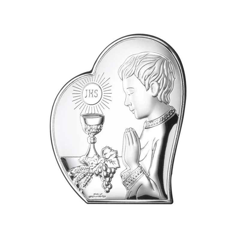 A communion souvenir for a boy with a picture of a silver heart A communion souvenir for a boy with a picture of a silver heart