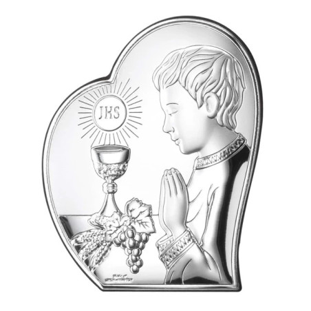 A communion souvenir for a boy with a picture of a silver heart