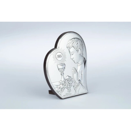 A communion souvenir for a boy with a picture of a silver heart
