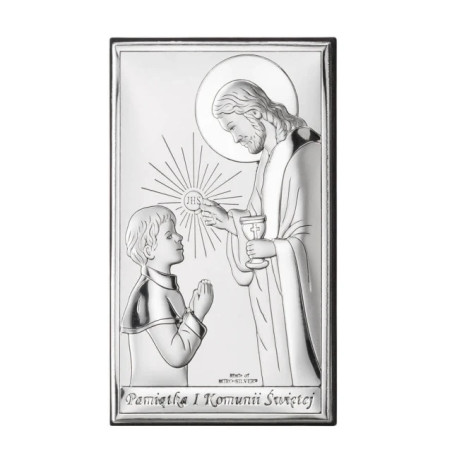 A picture of a silver communion souvenir for a boy