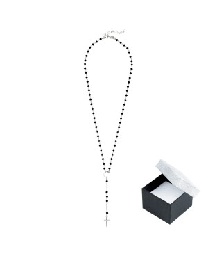 Sterling Silver Choker Necklace with Black Beads & Cross Pendant