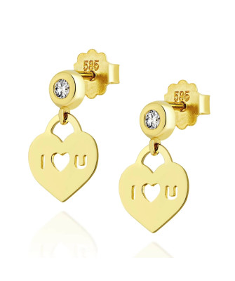 Gold heart earrings ILOVEU with zirconia 14k