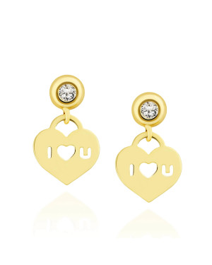 Gold heart earrings ILOVEU with zirconia 14k
