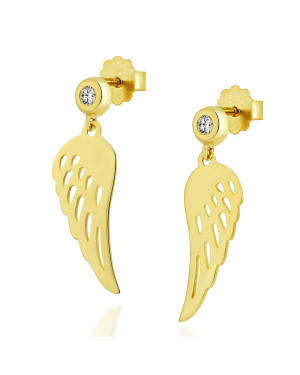 Gold dangling earrings with zircon wings
