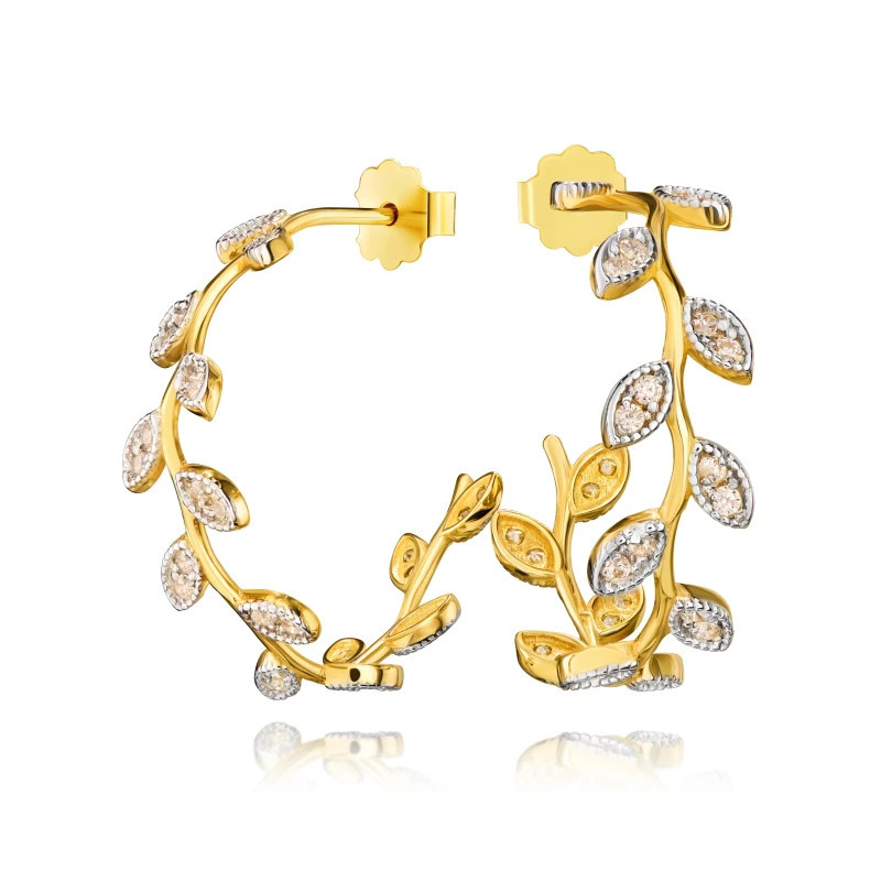 Gold leaf earrings with white stones | GoldJewellery
