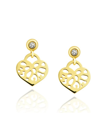 Gold oriental heart earrings with 1.5 mm zirconia