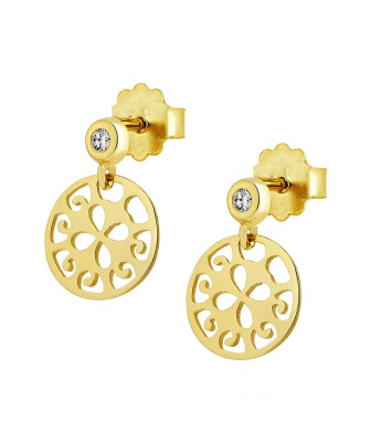 Gold dangling oriental earrings with 1.5 mm cubic zirconia