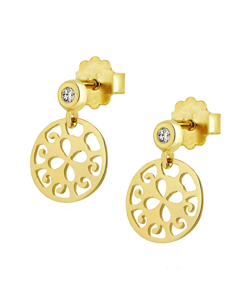 Gold dangling oriental earrings with 1.5 mm cubic zirconia