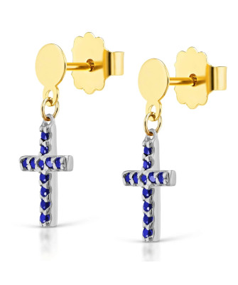 14k gold cross earrings with blue stones