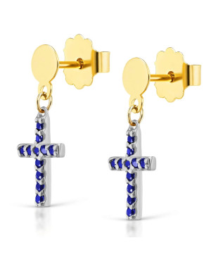 14k gold cross earrings with blue stones