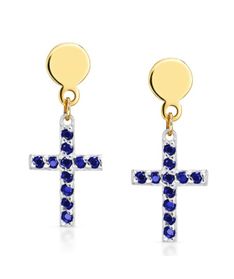 14k gold cross earrings with blue stones