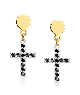 Gold earrings with cross 14k black stones