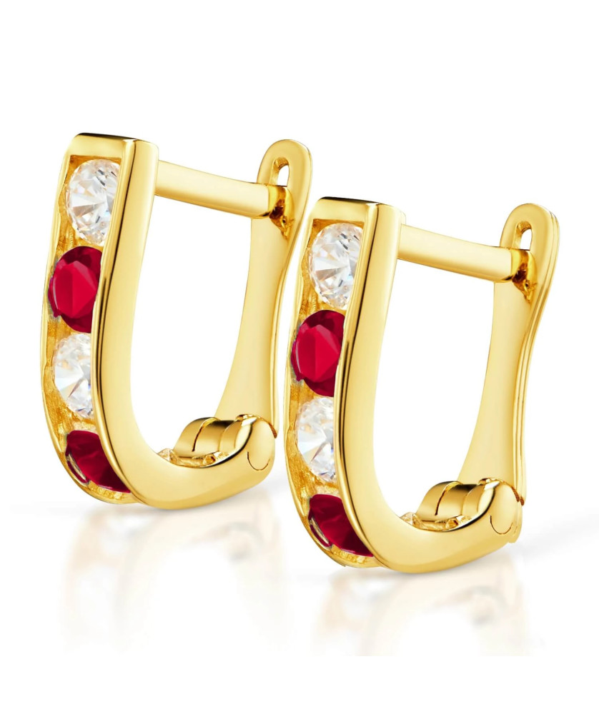 Gold rectangular earrings with ruby zirconia 14k