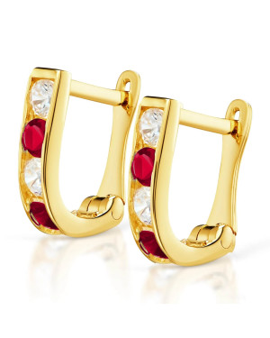 Gold rectangular earrings with ruby zirconia 14k