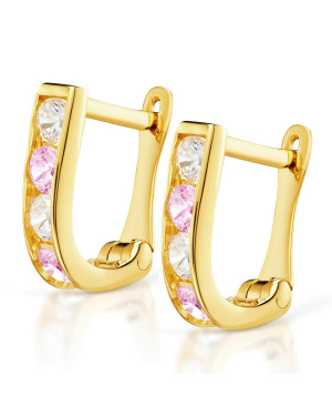 Gold rectangular earrings pink zirconia 8k